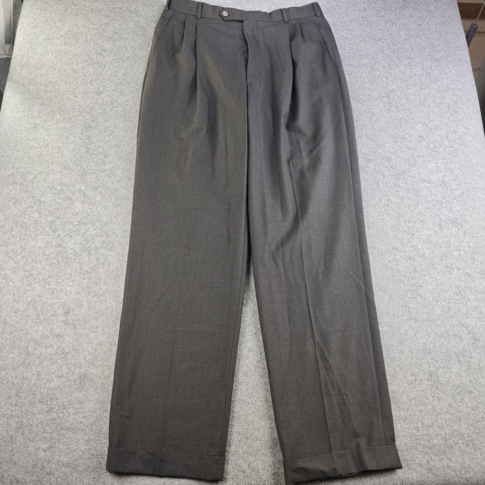 Brooks Brothers 346 Dress Pants Mens 34x34 Gray Pleated Wool Stretch Cuffed